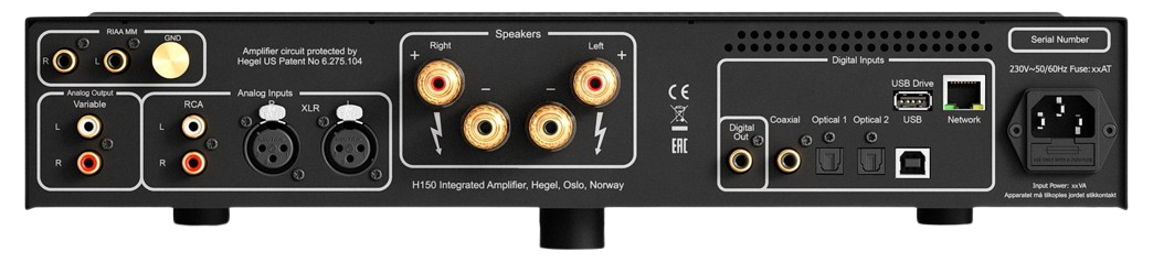 Rear panel of an integrated audio amplifier with various audio input and output ports, connection terminals, and power socket.