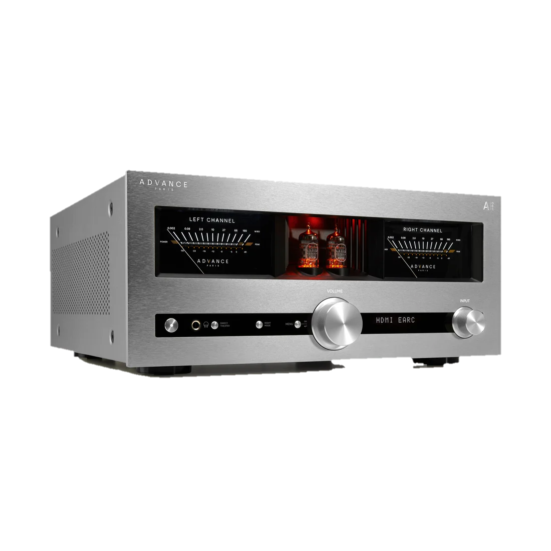 A silver vintage audio amplifier with two glowing vacuum tubes on the front panel and analog power meters labeled 'Left Channel' and 'Right Channel'.