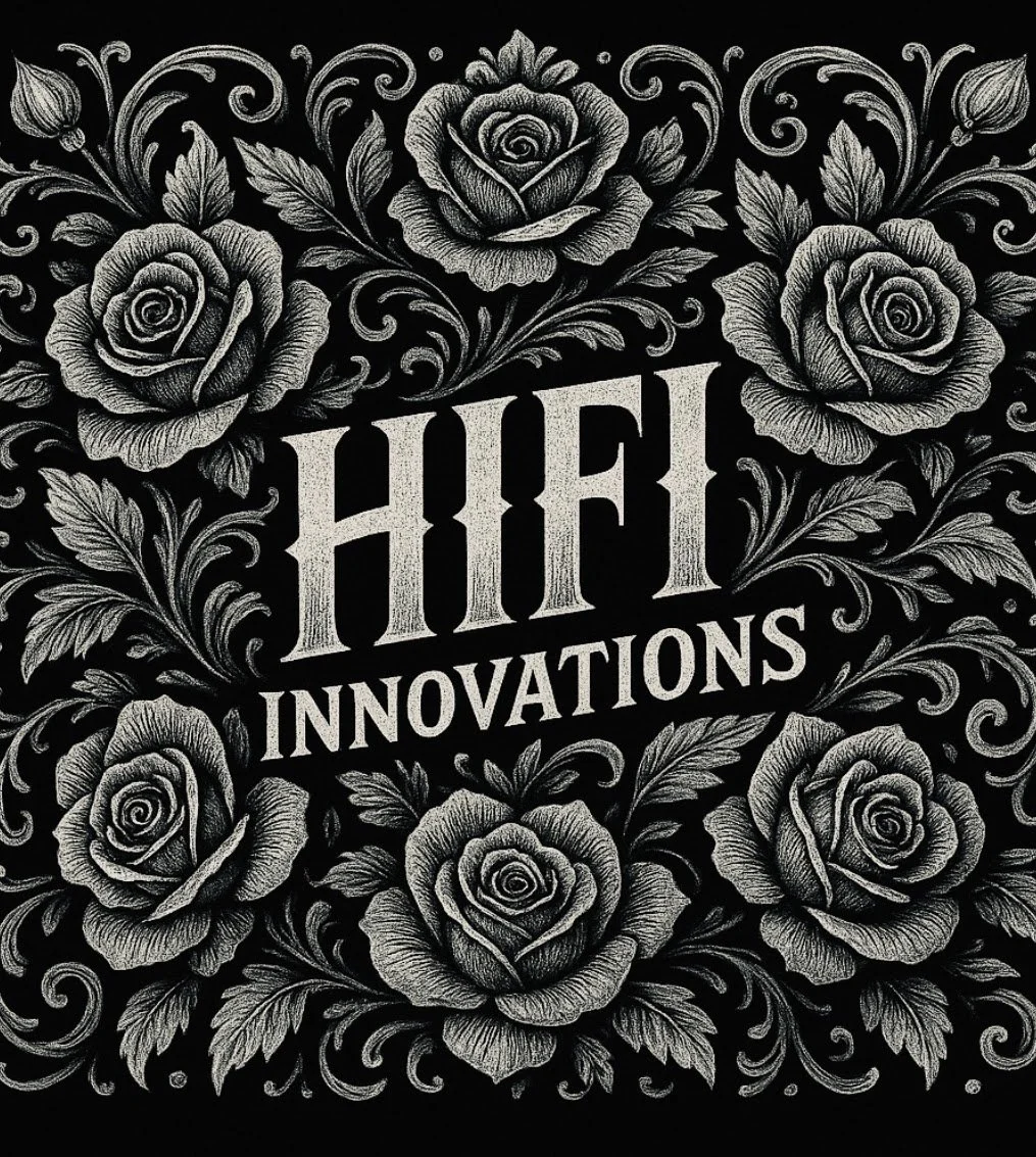 Black chalkboard-style design with intricate white roses and leaves, with the words 'HIFI INNOVATIONS' in bold, central text.