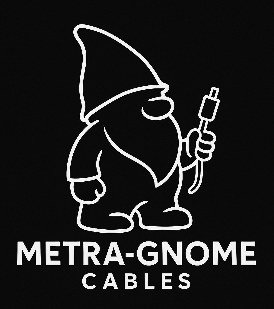 Neon sign of a gnome holding an audio cable, with text 'METRA-GNOME CABLES' below.