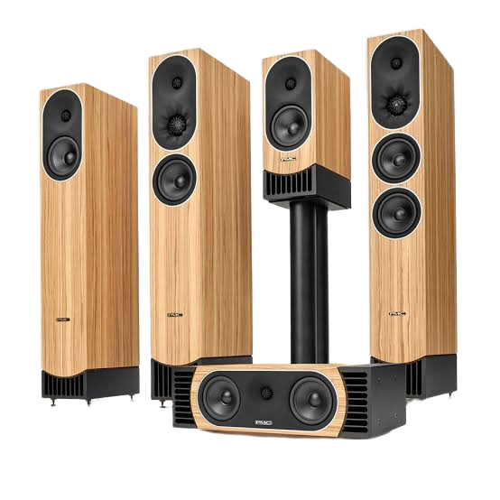 Set of five wooden floor-standing and bookshelf speakers, with one speaker on a stand, designed for home audio or theater systems.