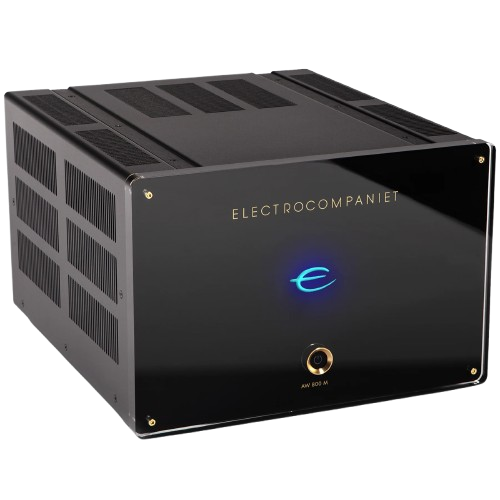 Black audio amplifier with gold accents, displaying 'ELECTROCOMPAI' and a blue illuminated letter 'e' on the front panel.