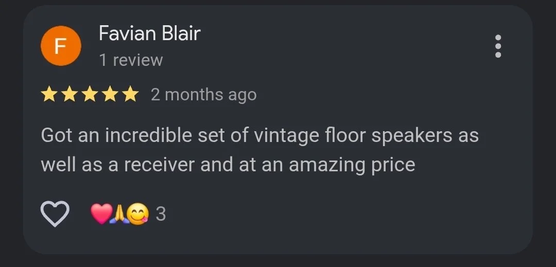 Screenshot of a Google review for a set of vintage floor speakers, with a five-star rating.