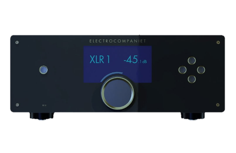 Audio equipment with a digital display showing 'XLR 1 -45.1 dB' and controls, branded 'Electrocompaniet'.