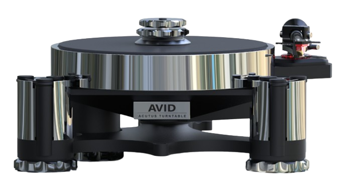 Close-up of an Avid Acutus turntable with a metallic finish and a tonearm on the right side.