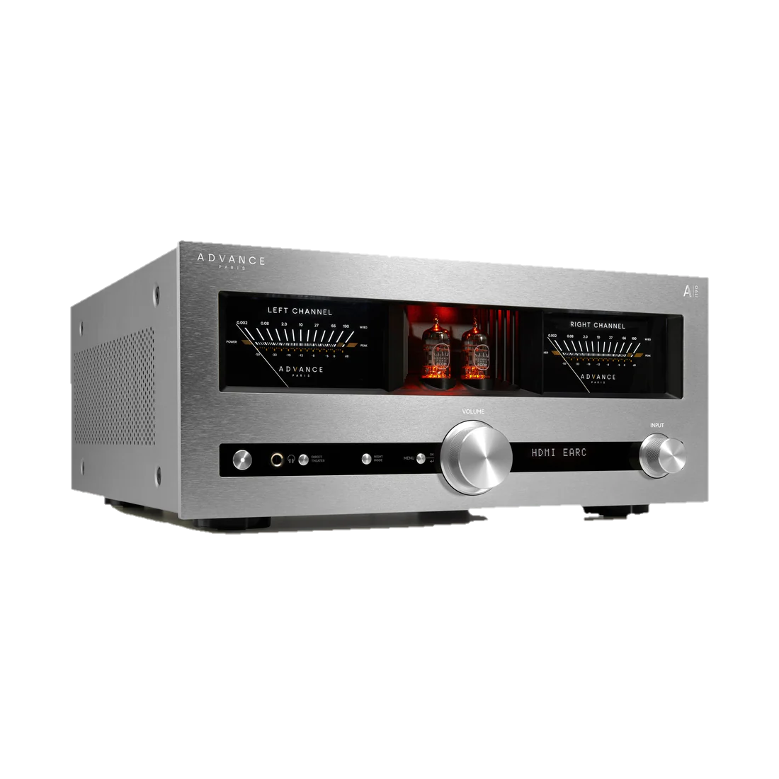 Silver audio amplifier with VU meters, vacuum tubes, volume and input knobs, and display panel.