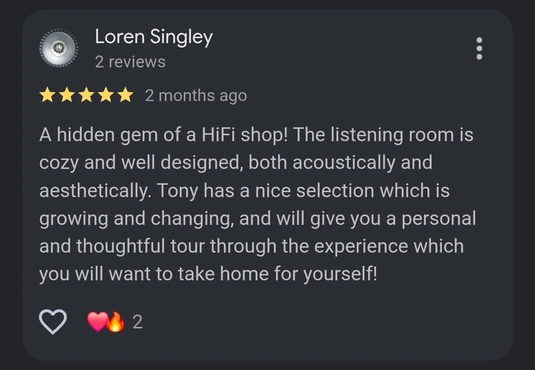 Screenshot of a positive review by Loren Singley for a HiFi shop, praising the cozy and well-designed listening room and the helpful personal tour from Tony.