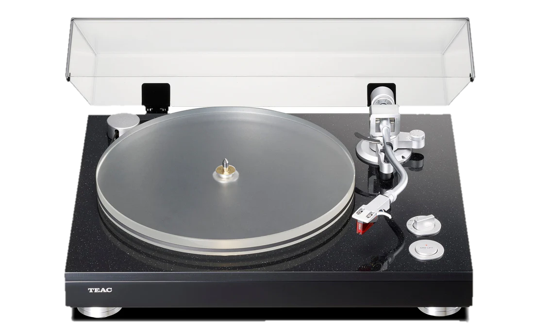 A black turntable with a silver tonearm and platter, and a white protective cover in the open position.