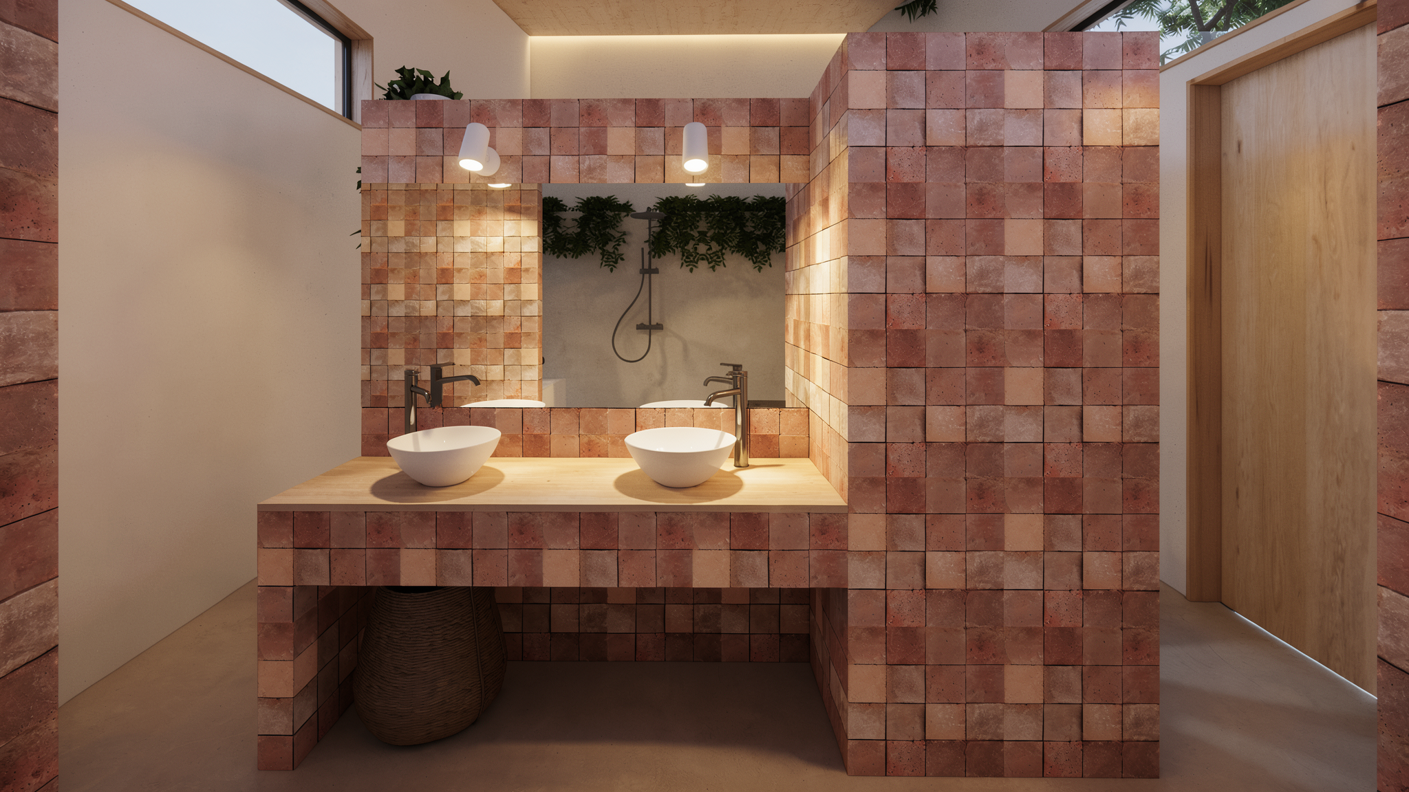 Interior de segunda residencia, núcleo de servicios donde esta los lavamanos del baño, materiales naturales como azulejos de barro, diseño MOR Studio