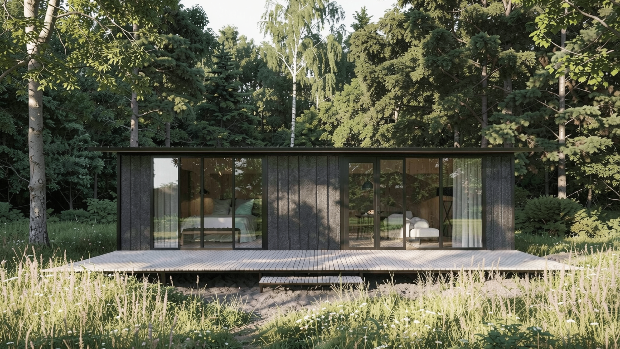 Casa moderna de vidrio en medio de un bosque con árboles altos y frondosos.