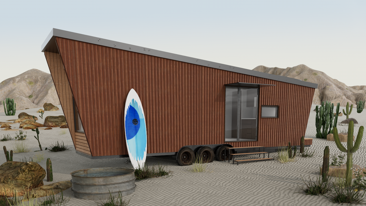 Cabina movil (con ruedas) para usar como suite de hotel, off- grid y ubicada en un entorno natural de Baja California en Mexico. Diseñada por MOR Studio