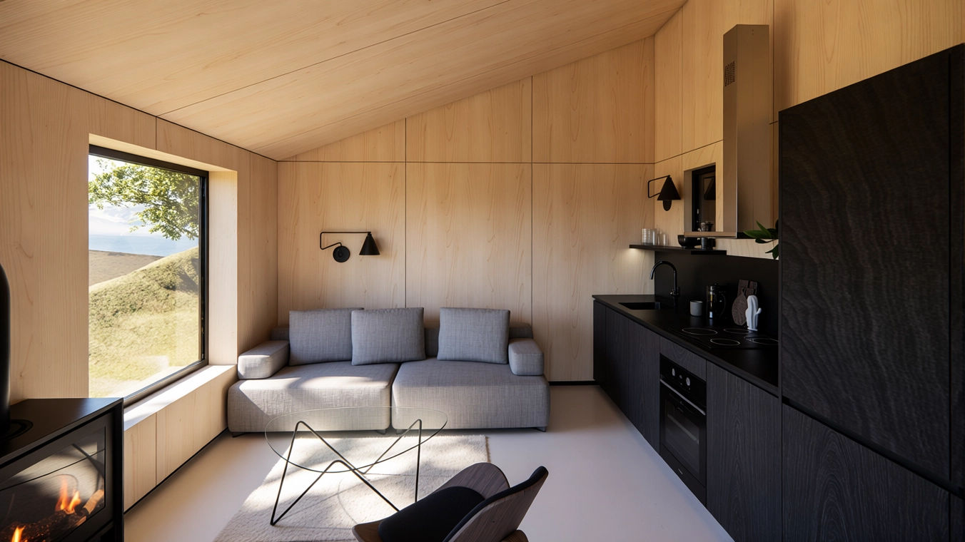 Interior de una cabaña moderna de madera, chimenea  de leña, grandes ventanas con vista a árboles y montañas. Ubicada en León, España