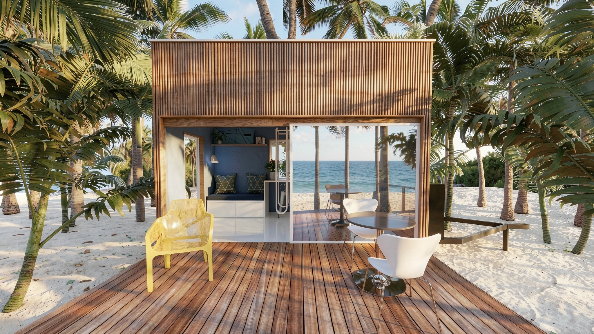 Vista de una cabaña moderna en la playa, rodeada de palmeras, con muebles blancos y una estructura de madera, frente al mar en un ambiente tropical.