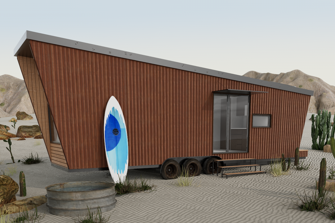 Cabina movil (con ruedas) para usar como suite de hotel, off- grid y ubicada en un entorno natural de Baja California en Mexico. Diseñada por MOR Studio