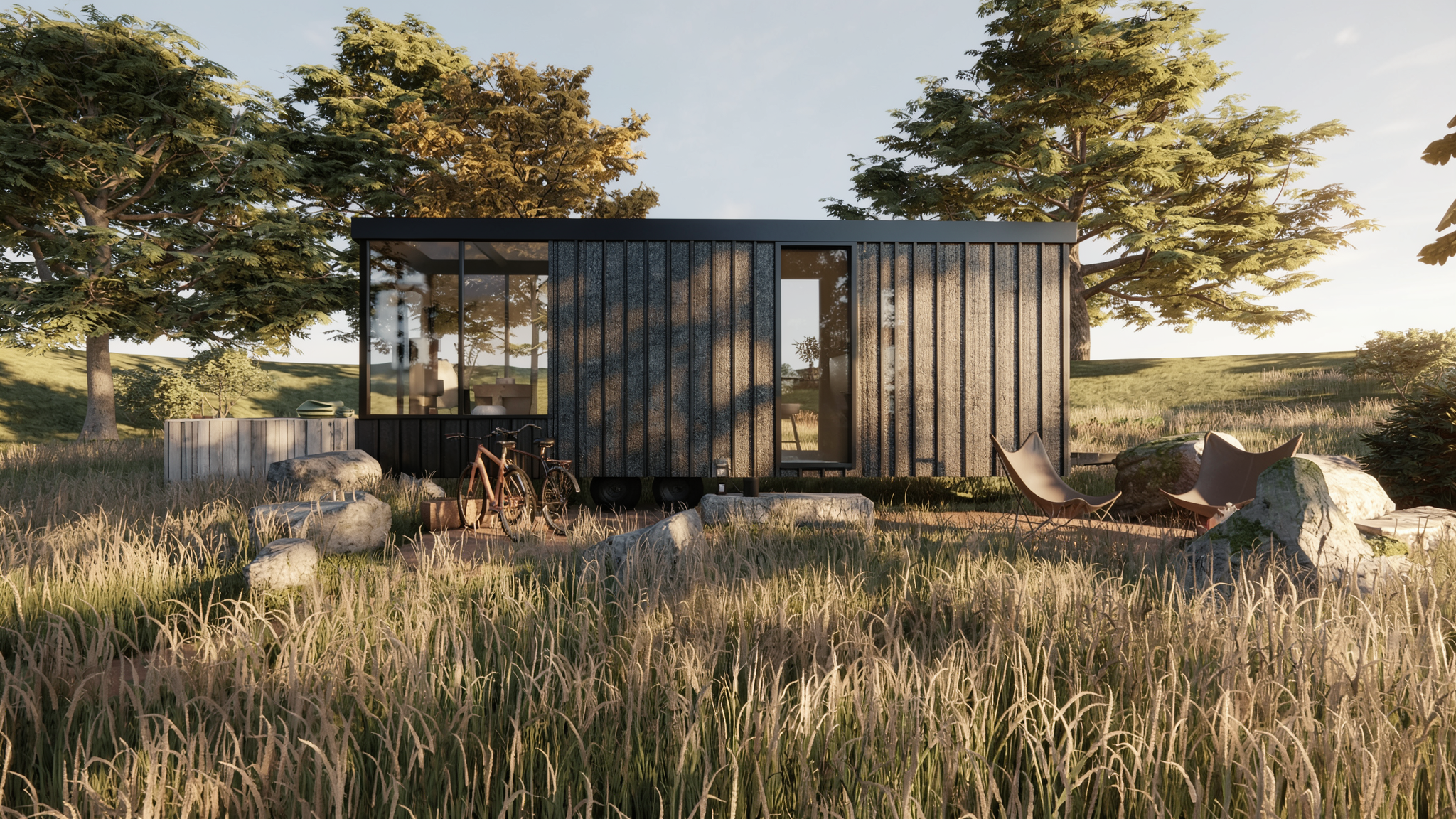 Cabina de hotel sobre ruedas. Exterior en madera con técnica Shou Sugi Ban. Ubicado en la naturaleza en algun punto de Estado Unidos. Fabricado y diseñado en Mexico por MOR Studio.