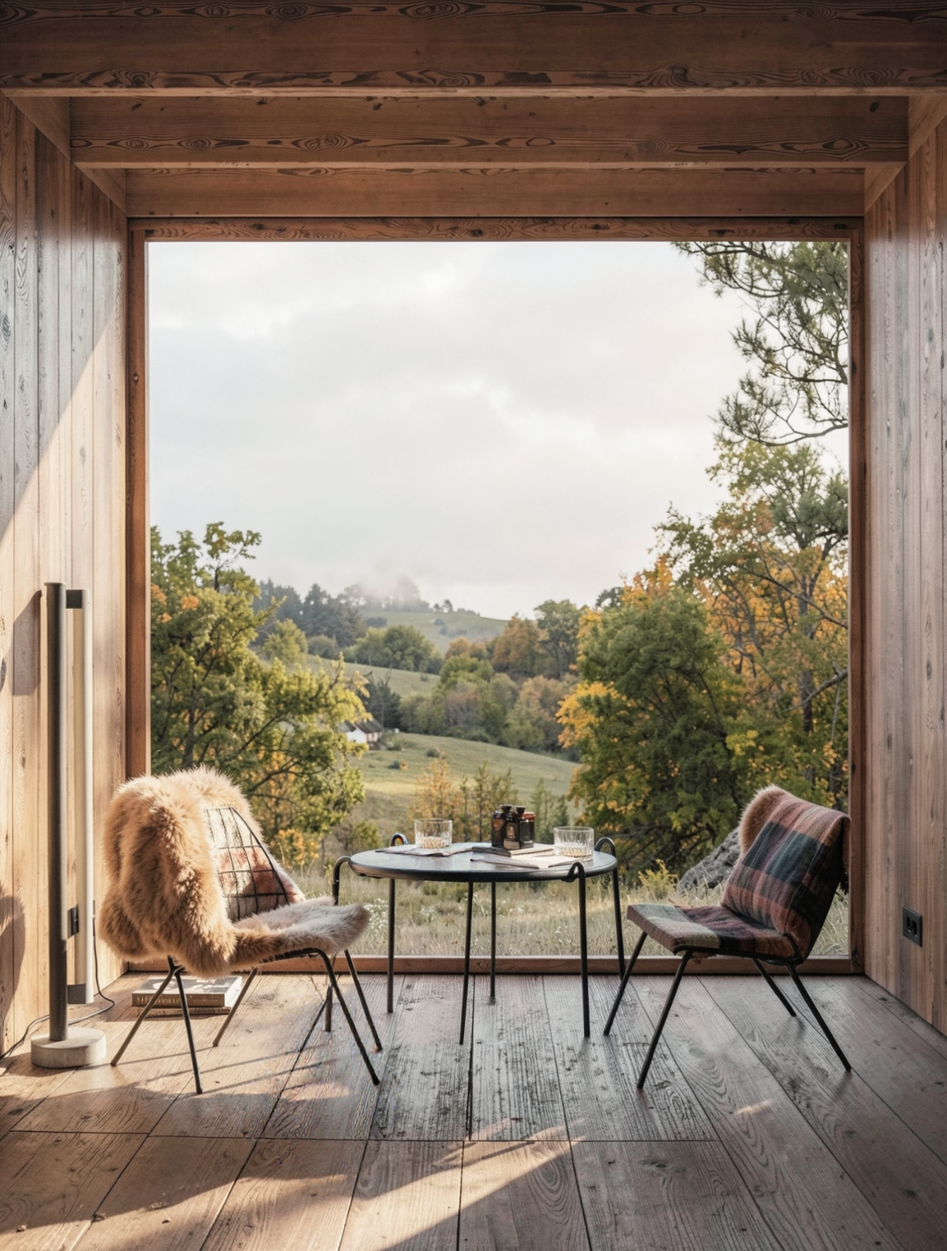 Interior de cabaña de madera con amplia ventana hacia el paisaje. MORSTUDIO Nature.