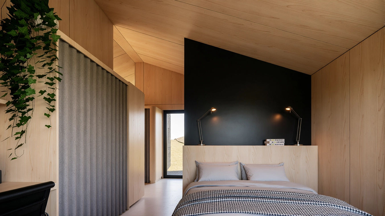 Interior de una cabaña moderna de madera en un entorno natural, habitación cálida y minimal. Ubicada en León, España. Diseñada por MOR Studio