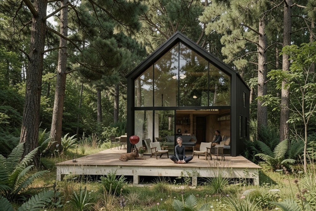 Cabaña moderna de madera con gran ventanal que conecta con el porche, ubicada en un bosque de Tapalpa en Mexico, diseñada por MOR Studio
