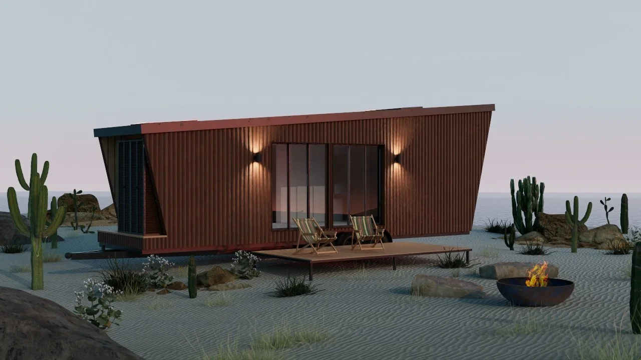 Cabina de hotel móvil. Acabado exterior en lámina ondulada de acero corten. Para ubicar en Baja California y disfrutar de la naturaleza. Diseñada por MOR Studio.