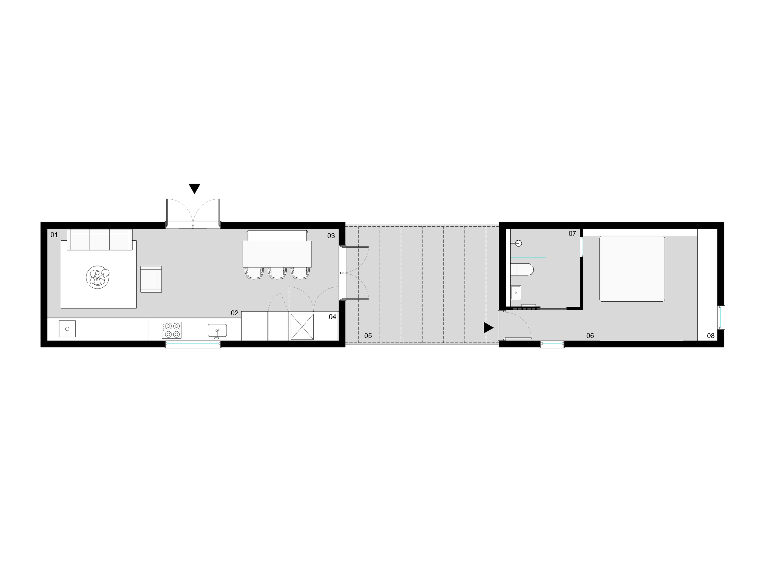 Plano arquitectónico de una casa compacta en la naturaleza que se divide en dos módulos conectados por un porche exterior