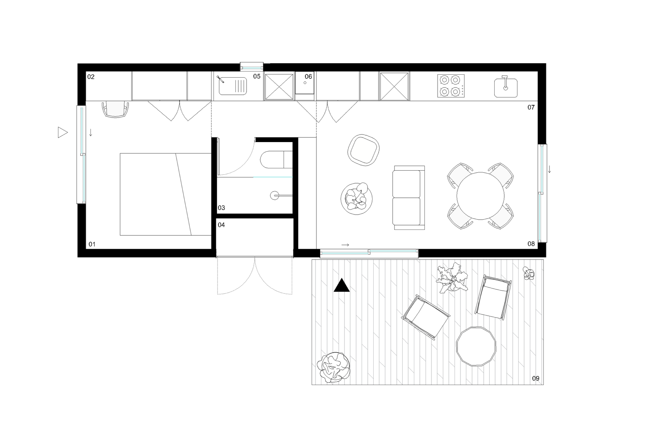 Plano de un pabellón que va a funcionar como segunda residencia, vivienda compacta en 40 metros cuadrados. Ubicada en San Miguel de Allende, Mexico