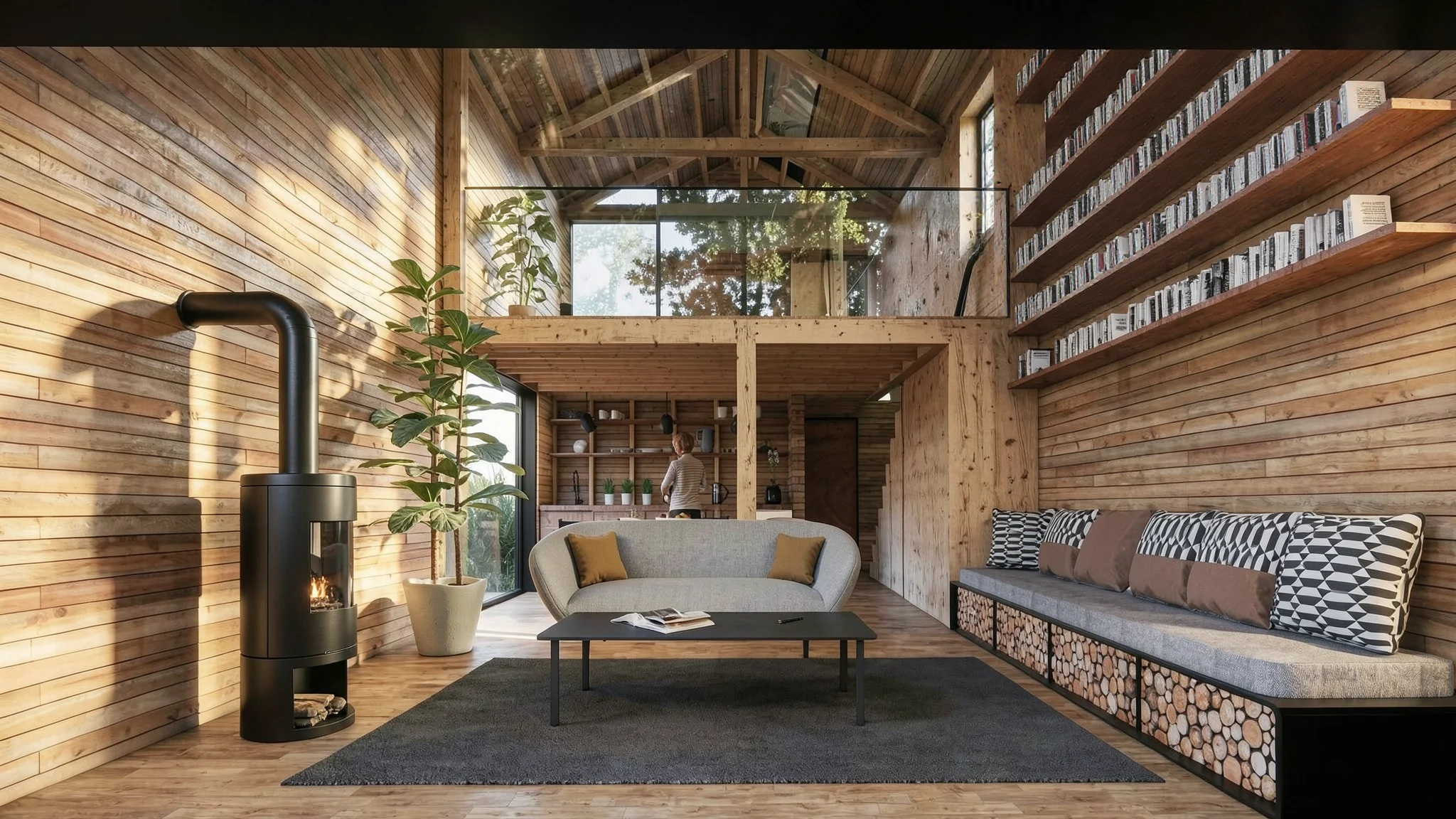 Salón interior de una cabaña de madera en el bosque de Tapalpa, Mexico. espacio con doble altura y chimenea de leña.