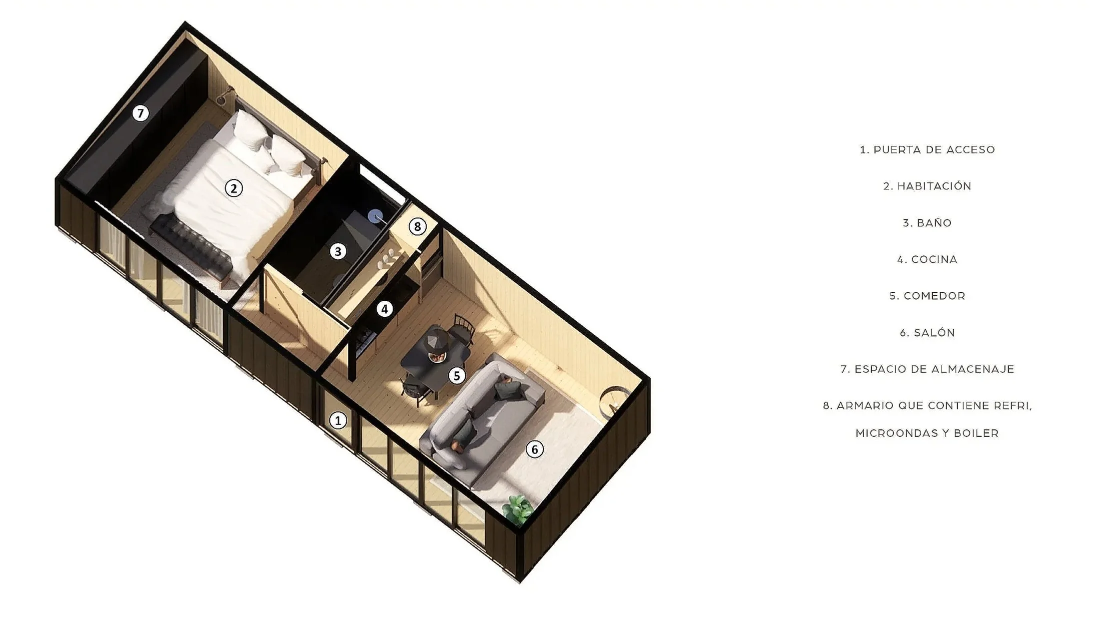 Plano en 3D de un apartamento con etiquetado en español que indica puertas, habitaciones, baño, cocina, comedor, salón, espacio de almacenamiento, y armario con refri, microondas y calefacción.