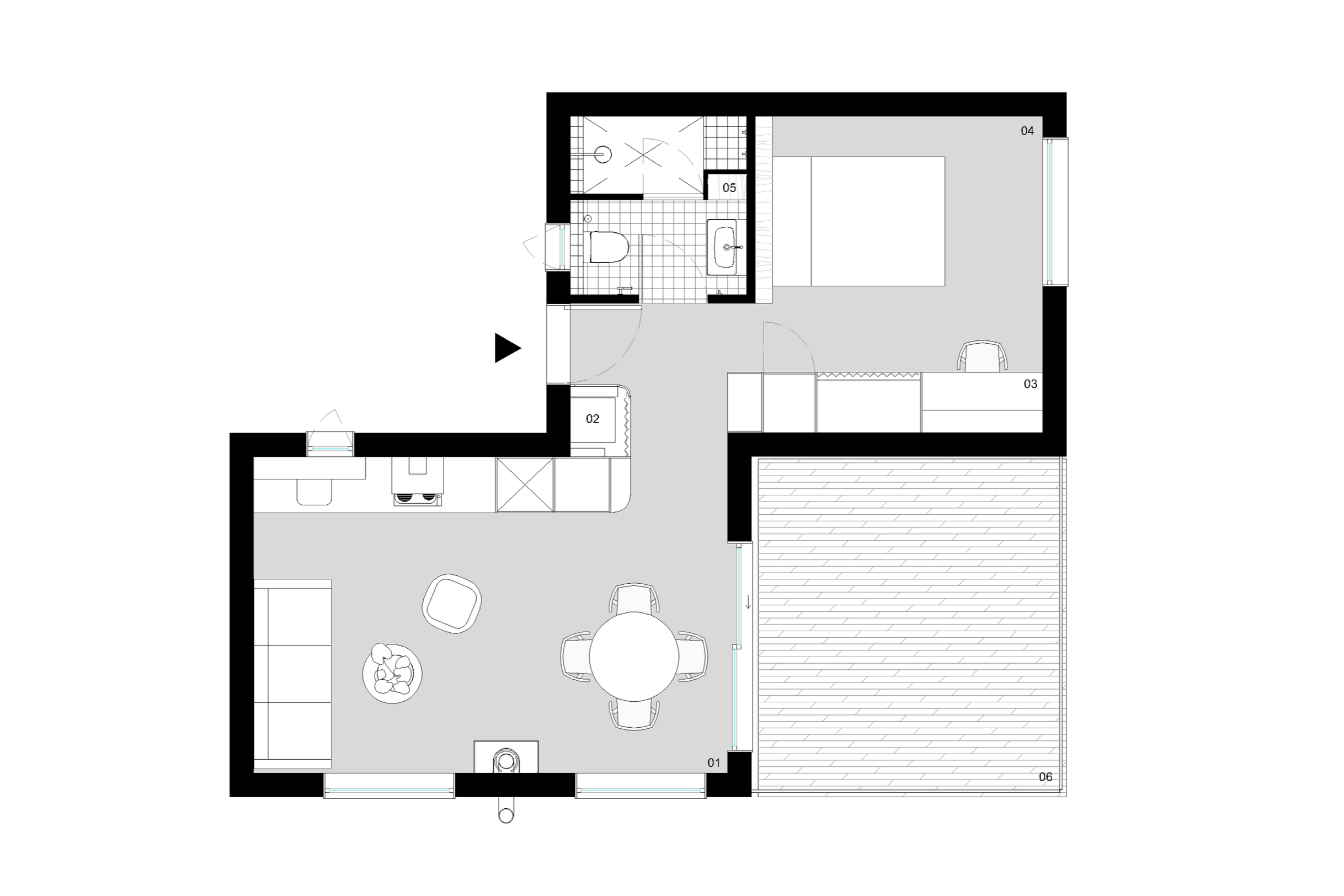 Plano arquitectónico de una cabaña prefabricada de madera, ubicada en una montaña de León en España. Diseñada por MOR Studio.