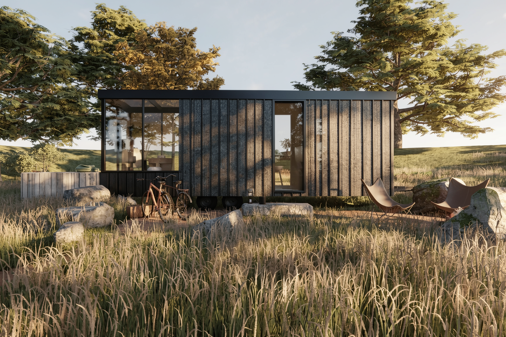 Cabina móvil (con ruedas) para usar como suite de hotel, off- grid y ubicada en un entorno natural de Estados unidos. Fabricada en Mexico. Diseñada por MOR Studio