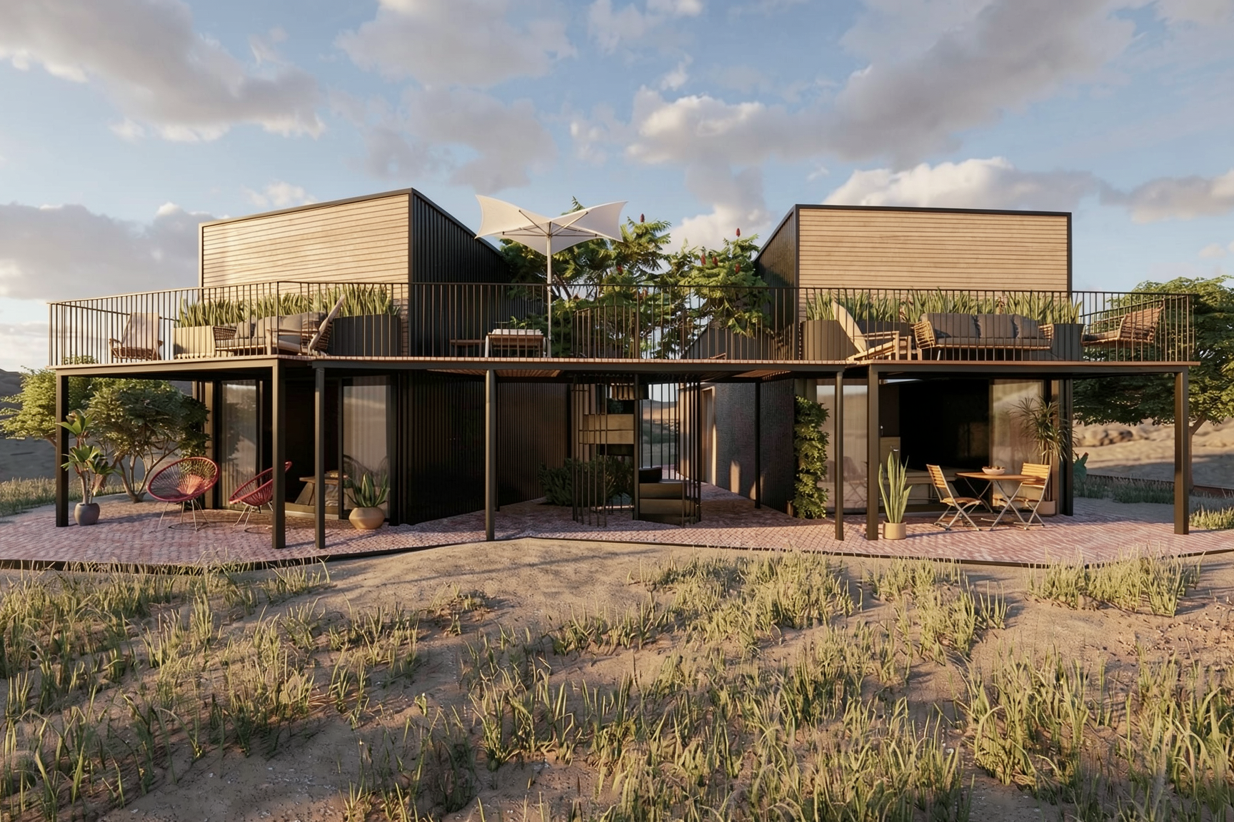 Casas gemelas que forman parte de un complejo de pilates y yoga para que se alojen los alumnos. Se ubica en un entorno natural de San MIguel de Allende en México. Diseñado por MOR Studio