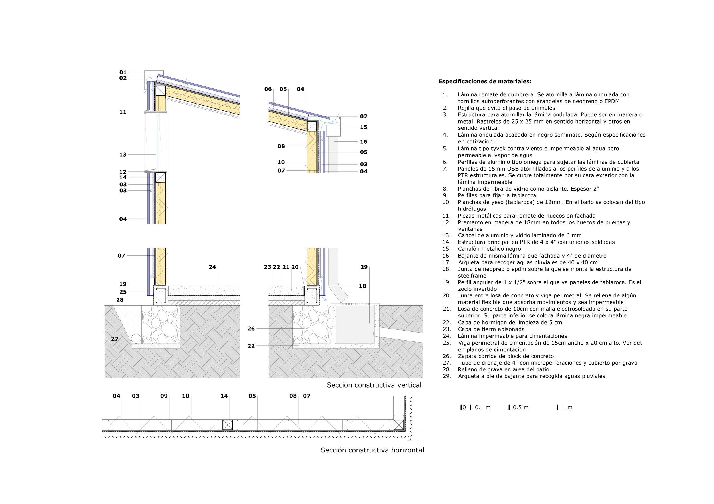 Plano técnico detallado de seccion vertical de una casa compacta en la naturaleza con estructura metálica de light frame y fachada ventilada ubicada en San Miguel de Allende, México