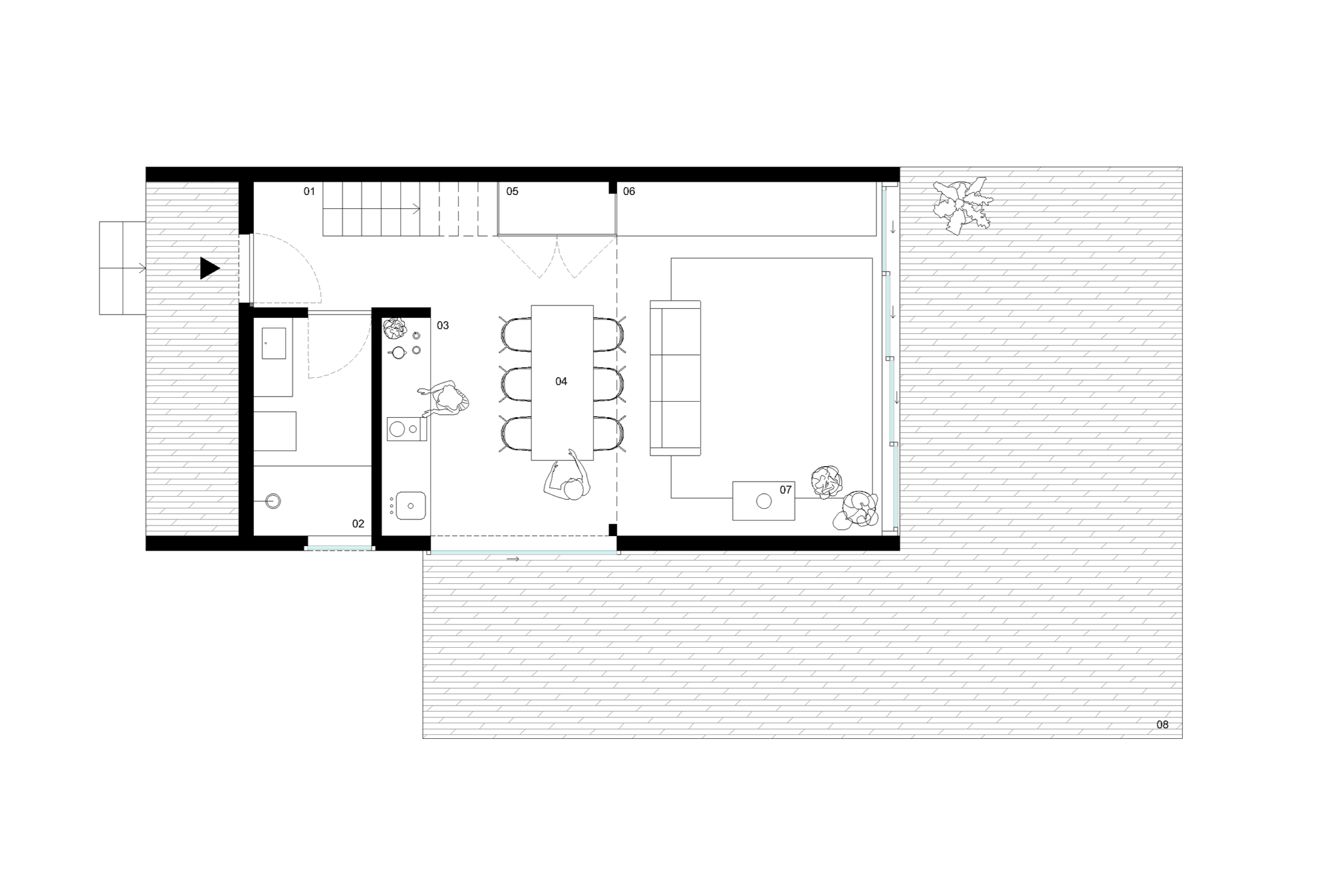 Plano de una casa con áreas de sala, comedor, cocina, baño, habitación y terraza exterior con plants.