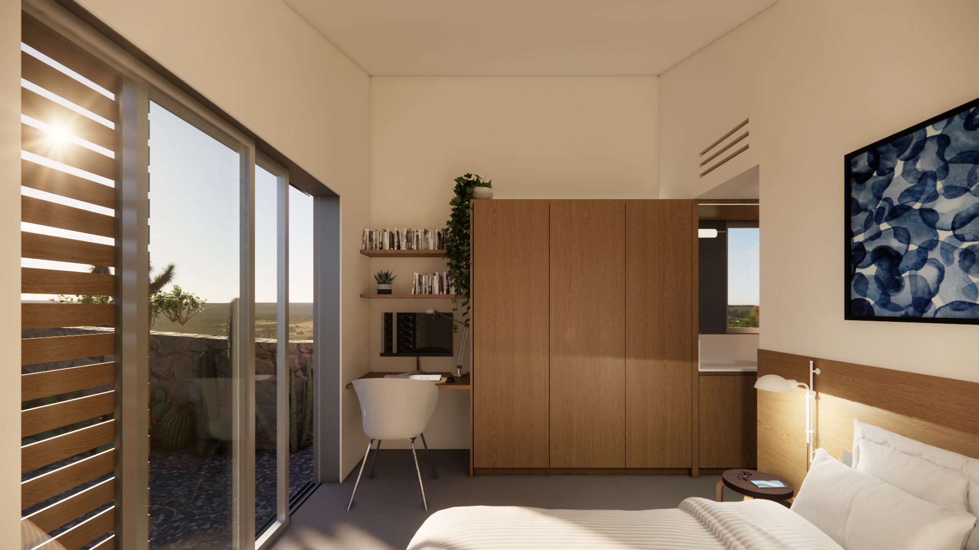 Interior de una segunda residencia en la naturaleza, espacio compacto, minimal, espacio fluido y amplio, se ubica en San Miguel de Allende en Mexico. Diseñado por MOR Studio.