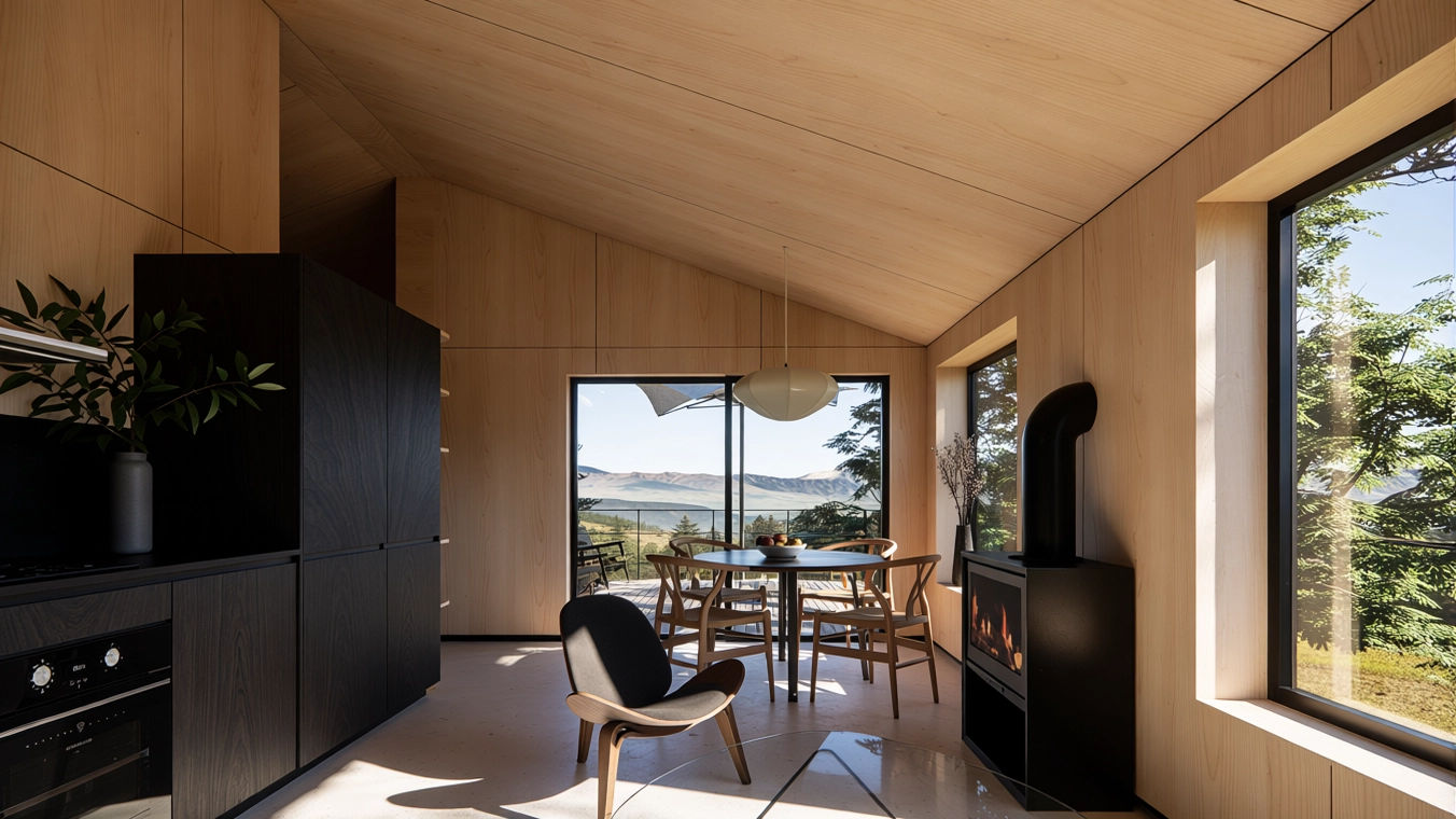 Interior de una cabaña moderna de madera, chimenea  de leña, grandes ventanas con vista a árboles y montañas. Ubicada en León, España