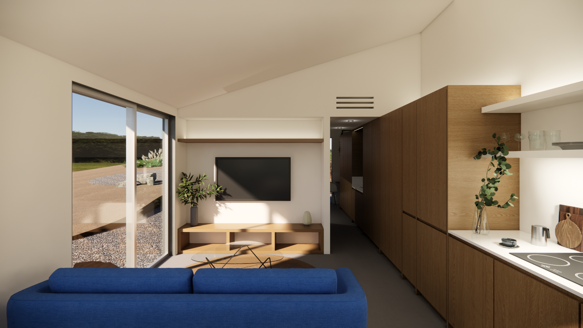 Interior de una segunda residencia en la naturaleza, espacio compacto, minimal, espacio fluido y amplio, se ubica en San Miguel de Allende en Mexico. Diseñado por MOR Studio.