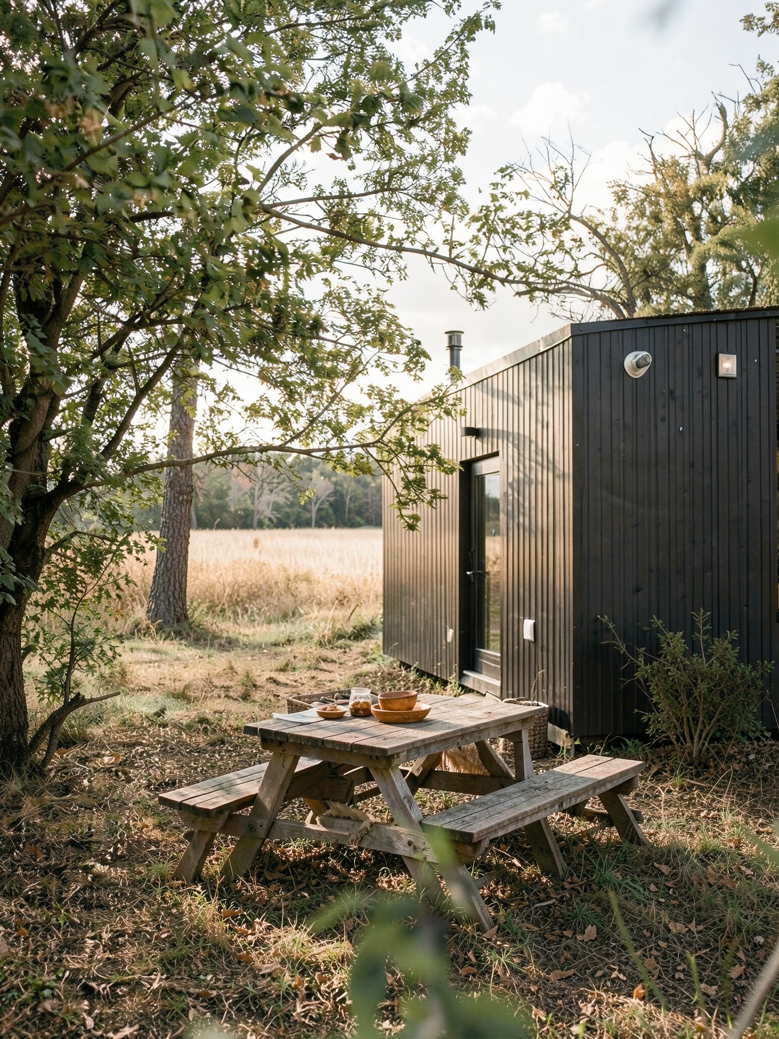 Exterior de una pequeña cabaña negra con paredes de madera verticales, rodeada de naturaleza, con un árbol frondoso a la izquierda y un campo abierto al fondo. Proyecto diseñado por MORSTUDIO