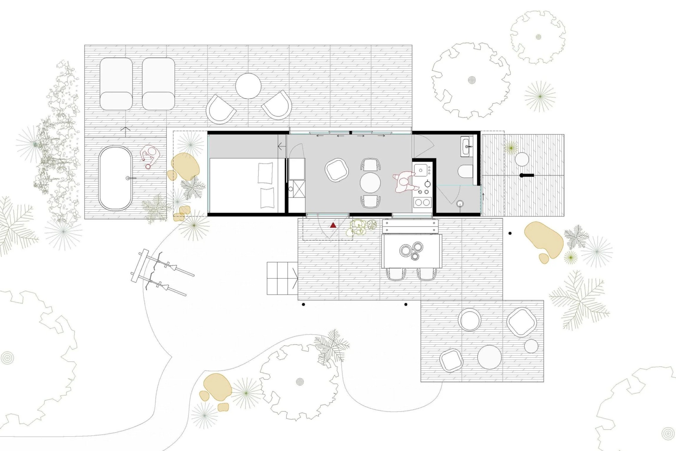 Plano arquitectónico de una casa con áreas interiores y exteriores, incluyendo una piscina, mobiliario, plantas y caminos.