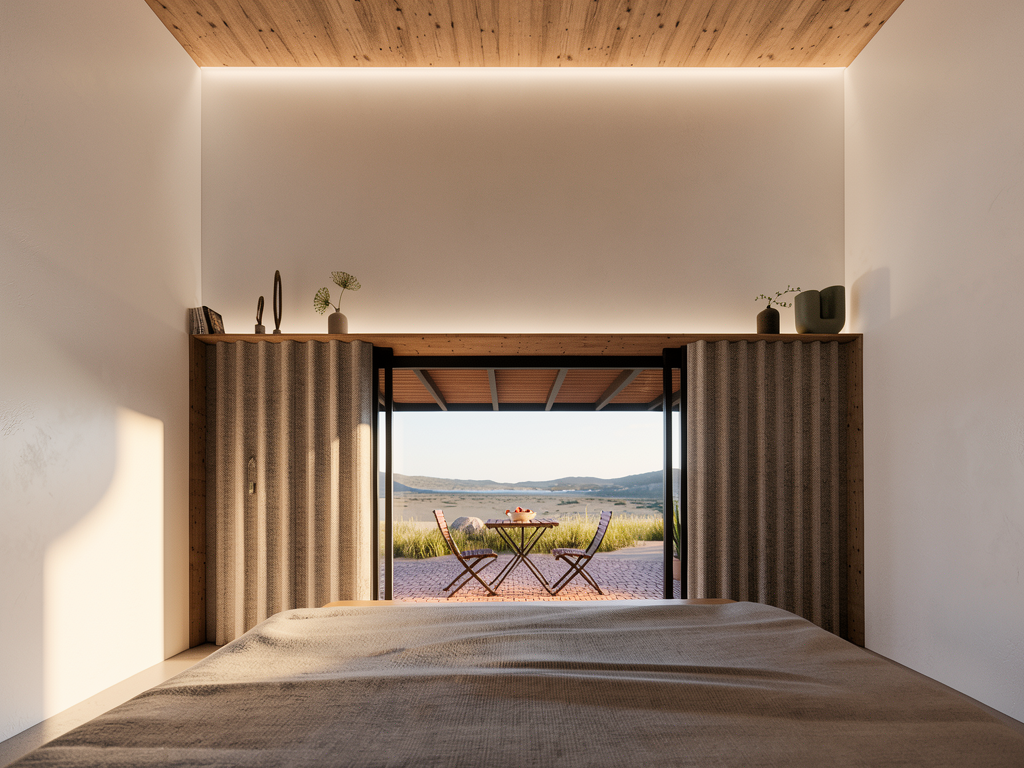 Interior de segunda residencia con vistas hacia una terraza y luz natural, diseño MOR Studio