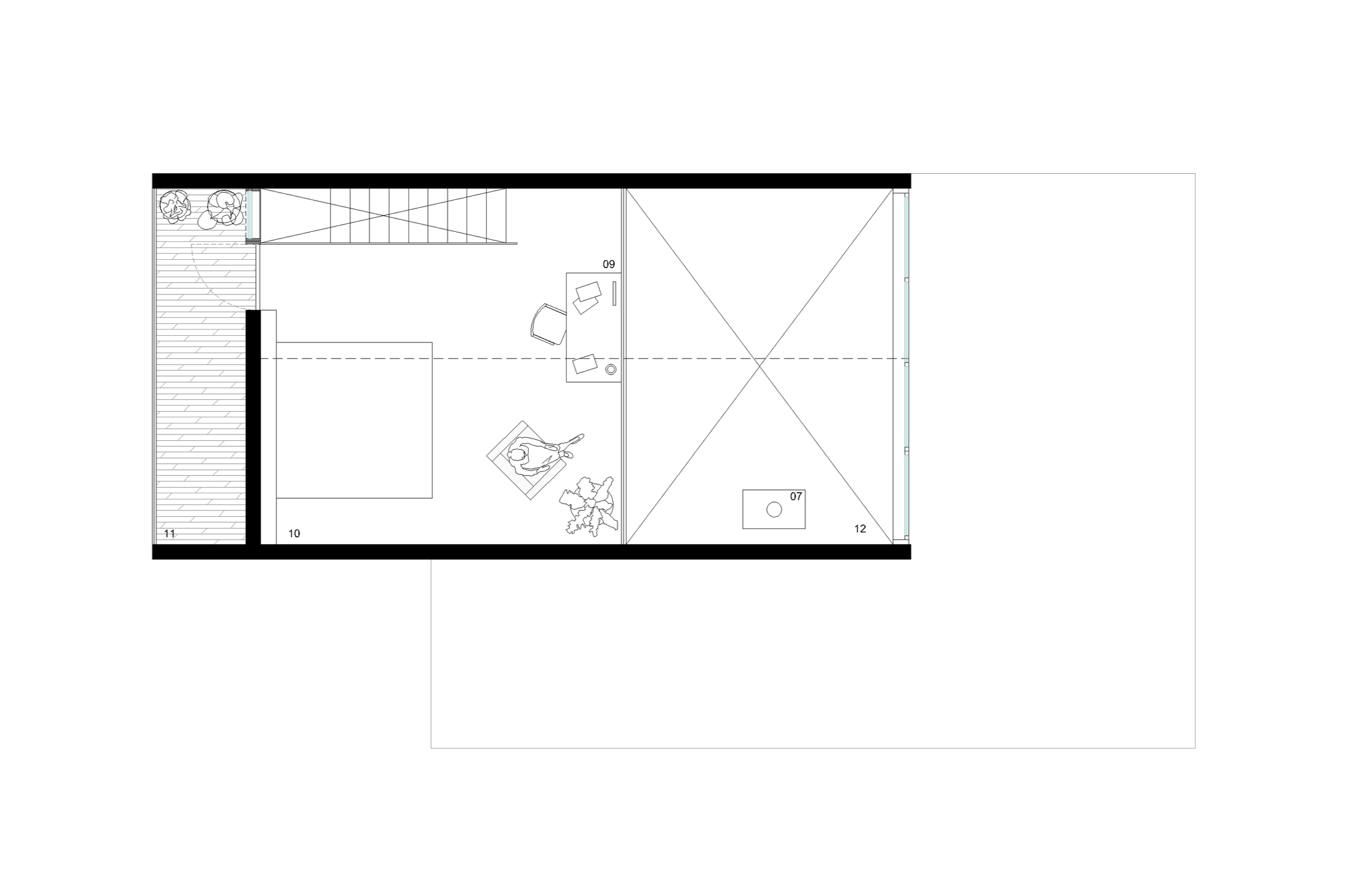 Plano arquitectónico de una habitación con una oficina, plantas, un sofá y un área exterior con terraza.