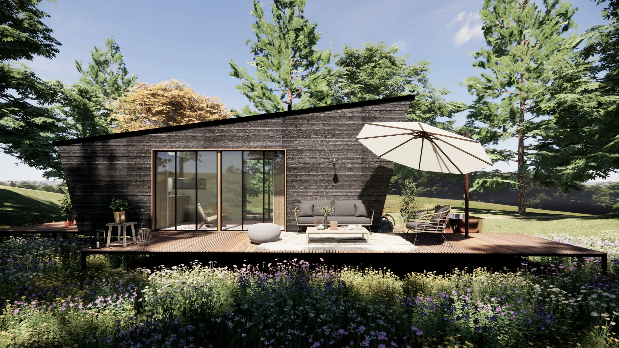 Casa moderna de madera con terraza, sillón, mesa, sombrilla grande y jardín con muchas flores y árboles.