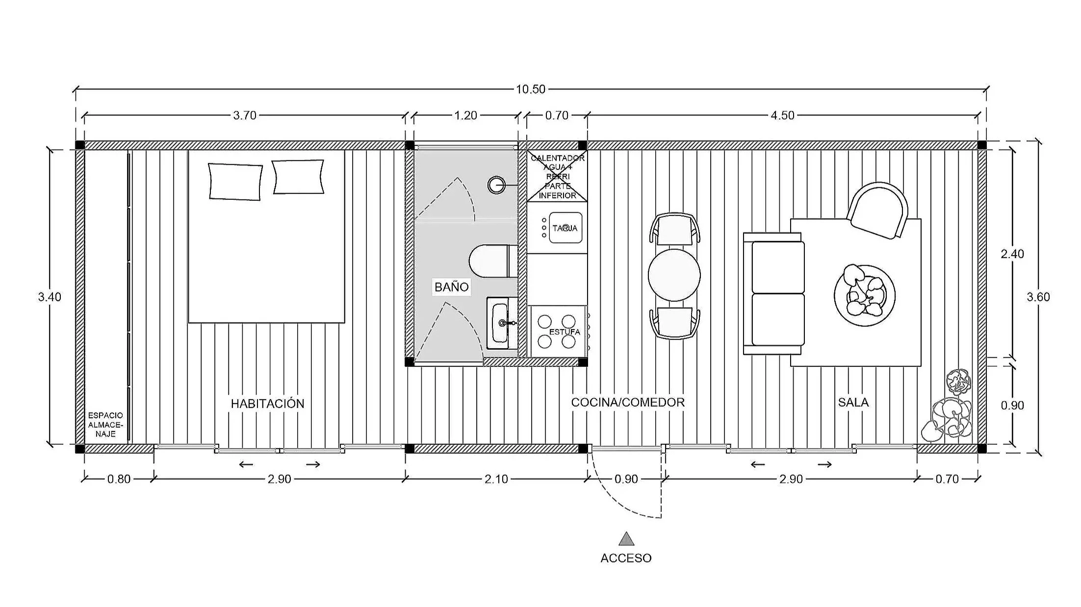 Plano arquitectónico de una vivienda con habitaciones, baño, cocina, sala y espacio de almacenamiento, con medidas en metros.