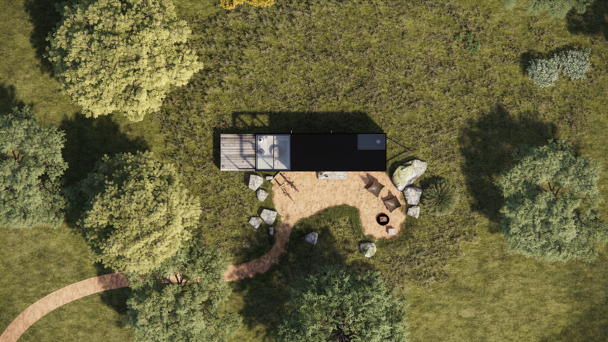 Vista aérea de una suite para glamping móvil (sobre ruedas) ubicada en la naturaleza. Diseñada en Mexico para transportarla a Estados Unidos.