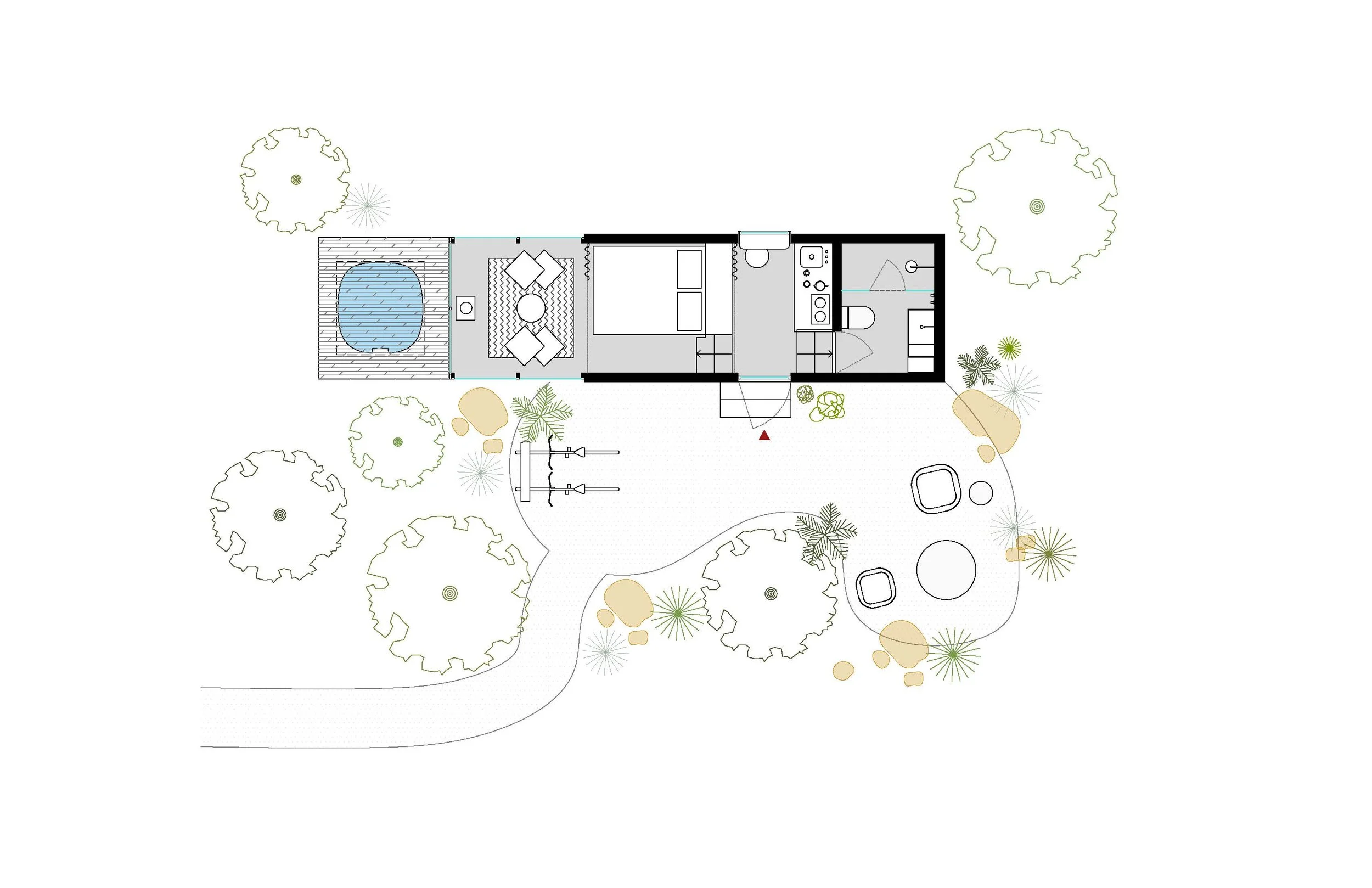 Plano de una cabina de hotel móvil (THOW). 18 m2. con deck exterior con jacuzzi incorporado, chimenea y sala con techo y paredes de vidrio que permiten una absoluta conexión con la naturaleza que la rodea. diseñado por MOR Studio