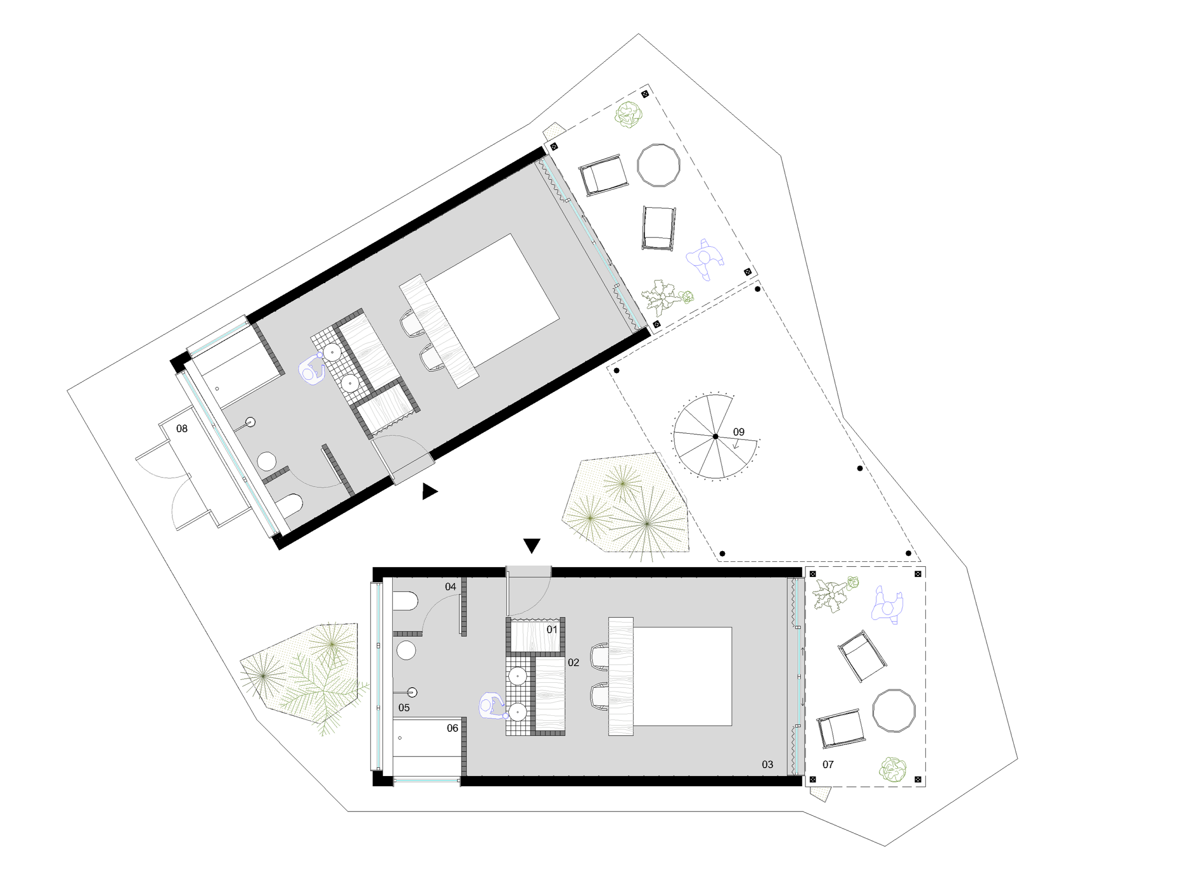 Plano arquitectónico de 2 casas en el entorno natural de México, para alojar a los huéspedes de un retiro de Yoga y Pilates