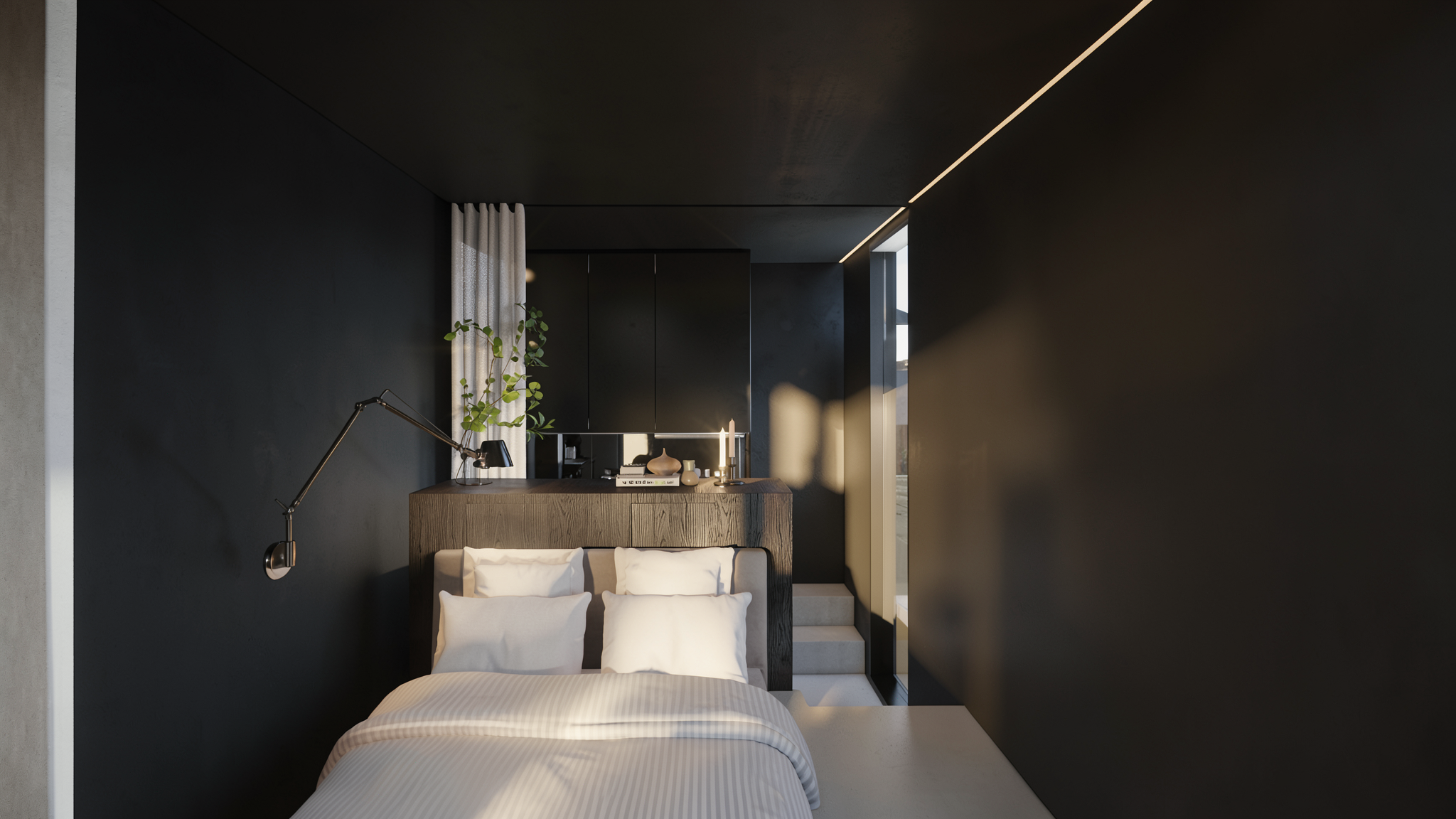 Habitación moderna de cabina de hotel móvil, con paredes negras, cama con sábanas blancas y escritorio con lámpara y decoraciones, iluminada por luz natural. Ubicada en la naturaleza