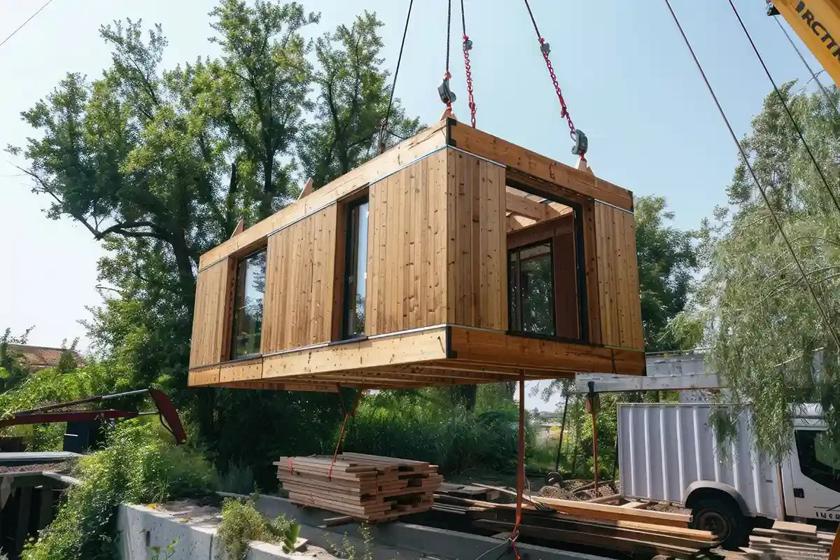 Modulo de una cabaña prefabricado y en proceso de instalación en el terreno. Se usa una grúa para levantarlo y ubicarlo en la posición correcta. Proyecto de MOR Studio.