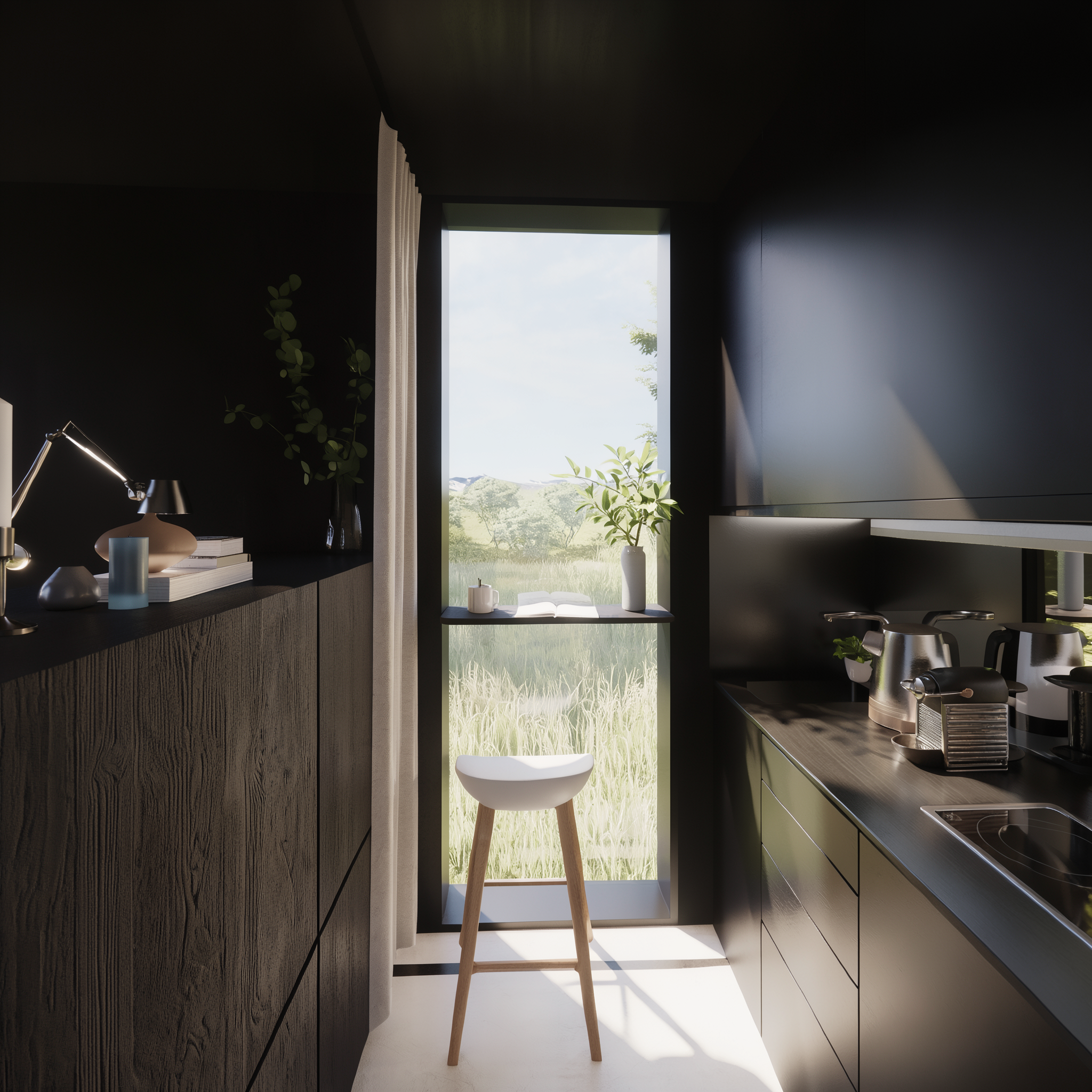 Cocina moderna con vista a un campo verde y cielo azul, con una silla de madera y decoraciones blancas en la ventana.