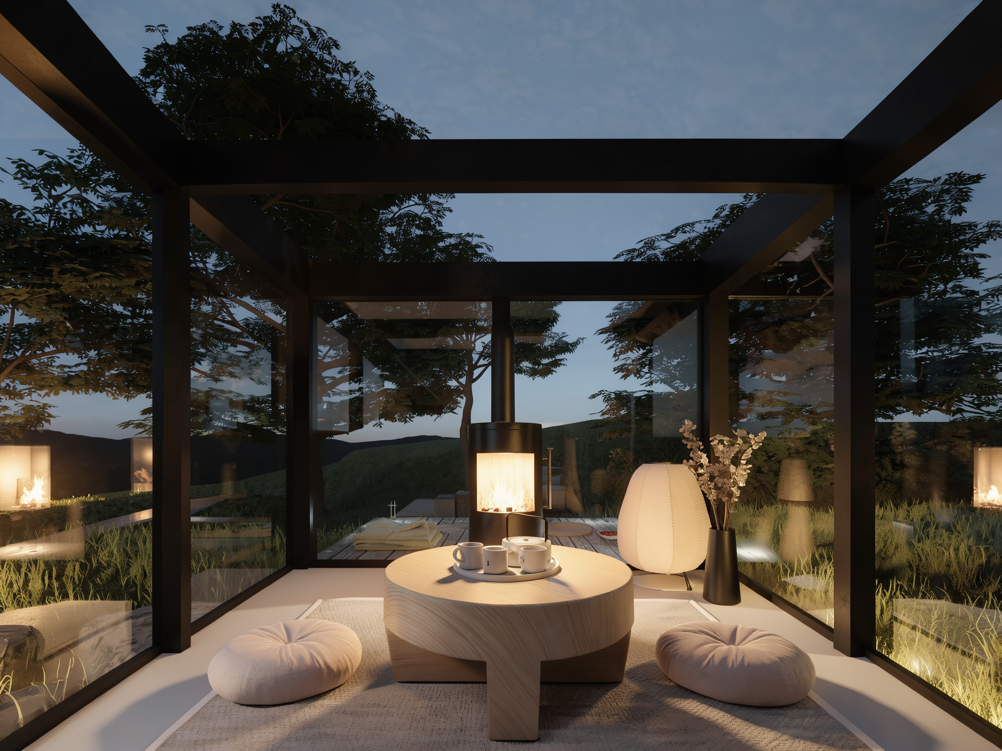 Interior de cabina de hotel sobre ruedas. Madera y tonos oscuros, espacio de la sala todo acristalado y con una chimenea, para ver el cielo y las estrellas. Ubicado en la naturaleza.