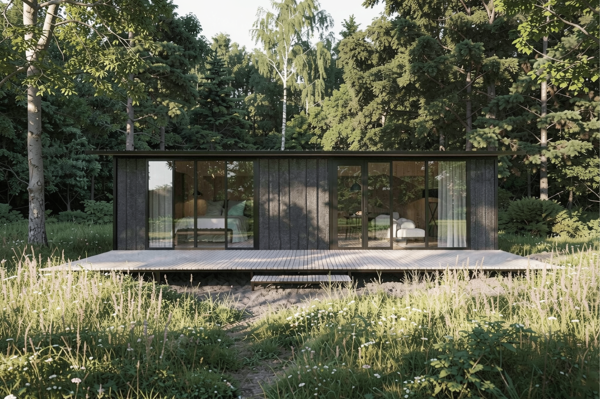 Casa compacta prefabricada y modular  con grandes ventanales que dan a un deck, ubicada en un bosque y diseñada por MOR Studio.