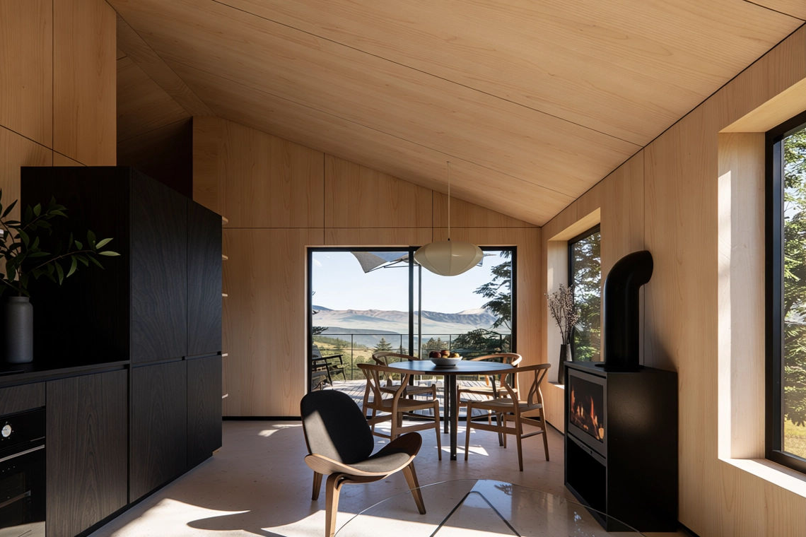 Interior de cabaña con materiales naturales y luz natural, diseño MOR Studio, ubicada en un pueblo de León en España